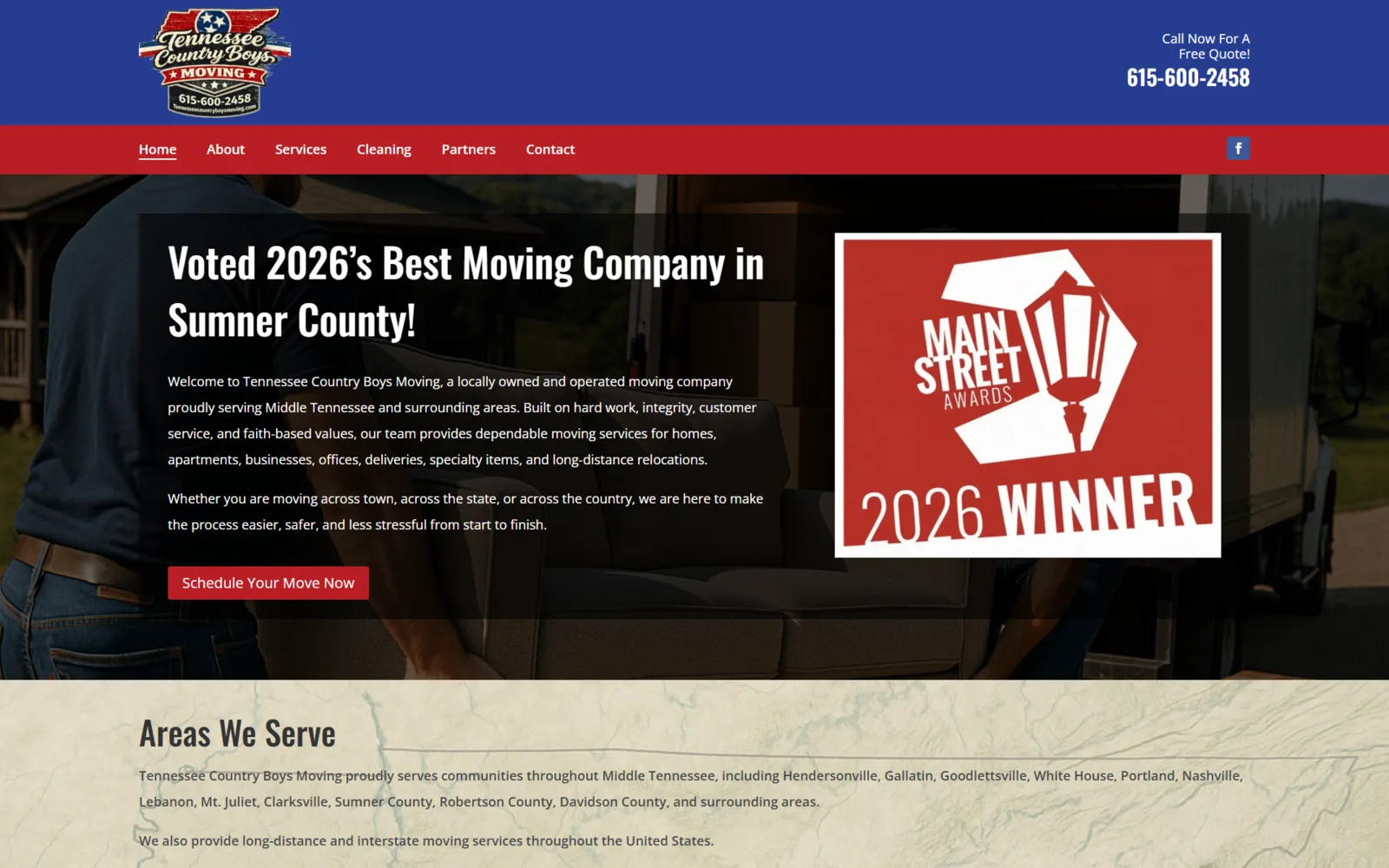 Website screenshot — Tennessee Country Boys Moving, a Tennessee moving company